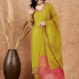Sangria Ethnic Motifs Embroidered V-Neck Kurta & Trousers With Dupatta-picture-30