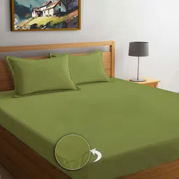 FABINALIV Olive Green Striped 300 TC Fitted King Bedsheet With 2 Pillow Covers-image-4