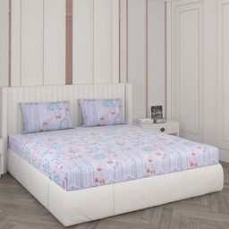 Monte Carlo Blue & Pink Floral 104 TC Cotton King Bedsheet with 2 Pillow Covers-9
