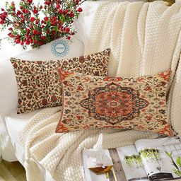 STITCHNEST Brown & Beige Set of 2 Floral Rectangle Cushion Covers-53