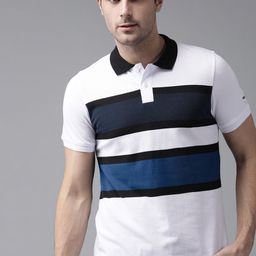 Roadster Men White  Navy Blue Striped Polo Collar Pure Cotton T-shirt-image-102
