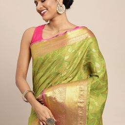 Silk Land Green & Golden Floral Zari Banarasi Saree-image-43