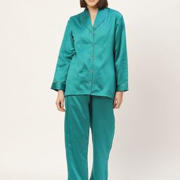 bedgasm Women Teal Blue Satin Night suit with Eye Mask-picture-30