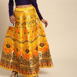 Varanga Women Mustard Yellow & Golden Woven Design Flared Panelled Maxi Skirt-image-27