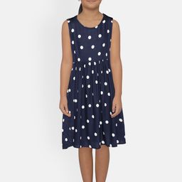 YK Girls Navy Blue & White Polka Dot Print A-Line Dress-image-33