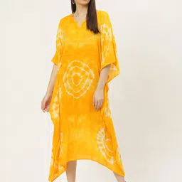 Maaesa Yellow & Off White Tie and Dye Kaftan Midi Dress-image-84