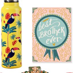 Happening Hippo Set Of 2 Rakhi Gift Set with Stainless Steel Water Bottle & Greeting Card-image-45