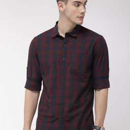 HIGHLANDER Men Navy Blue & Maroon Slim Fit Checked Casual Shirt-image-30