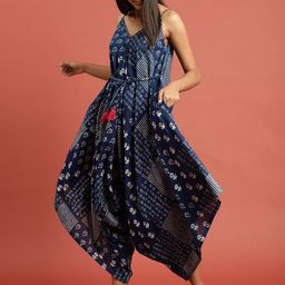 Taavi Women Blue & White Indigo Hand Block Print Sustainable Jumpsuit with Loose Legs & Tie-Ups-8