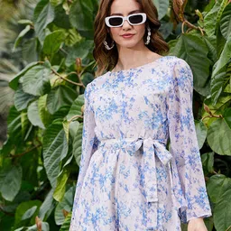 SASSAFRAS Floral Printed Boat Neck Long Sleeves Playsuit with Belt-21