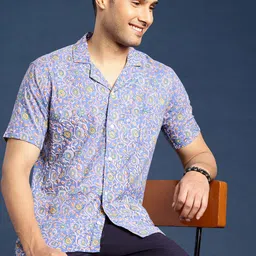 Taavi Men Comfort Ethnic Motifs Block Print Cuban Collar Pure Cotton Casual Shirt-image-99