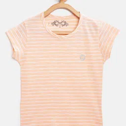 FEMEA Girls Peach-Coloured & White Striped  Round Neck Pure Cotton T-shirt-5