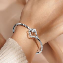 Rubans Rhodium-Plated Crystal Studded Clover Motif Sleek Bracelet-image-56