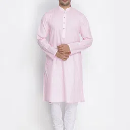 VASTRAMAY Men Pink & White Solid Kurta with Churidar-3