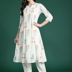 Indo Era Floral Printed Pleated Pure Cotton Kurta with Trousers-image-39