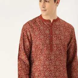 House of Pataudi Men Rust Red & White Printed Straight Kurta-31
