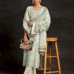 Libas Green Floral PrintedBeads And Stones Straight Kurta With Palazzos & Dupatta-image-39