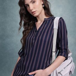 The Roadster Lifestyle Co. Checked Mandarin Collar Shirt Style Top-image-55