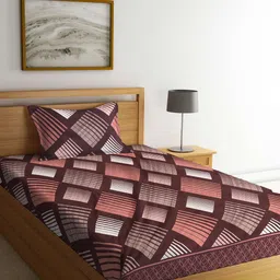 KLOTTHE Brown & Peach Geometric 300 TC Single Bedsheet with 1 Pillow Cover-image-32