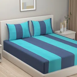 SWAYAM Blue 180 TC Fine Cotton Double Fitted Bedsheet with 2 Pillow Covers-image-11