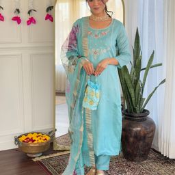KALINI Embroidered V Neck Kurta With Trousers & Dupatta-30