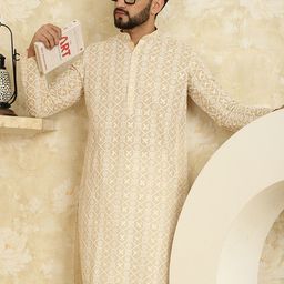 SOJANYA Men Beige Floral Embroidered Mirror Work Kurta-picture-12