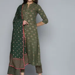 HERE&NOW Ethnic Motifs Printed Gotta Patti Pure Cotton Kurta With Trousers & With Dupatta-picture-57