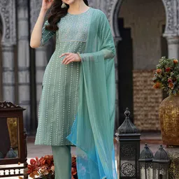 Stylum Sea Green & White Woven Design Mirror Work Kurta With Trousers & Dupatta-image-40