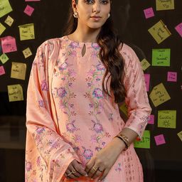 Libas Peach Floral Printed Keyhole Neck Straight Kurta With Salwar & Dupatta-image-4