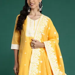 Anouk Woven Design V-Neck Chanderi Silk Straight Kurta With Trousers & Dupatta-21