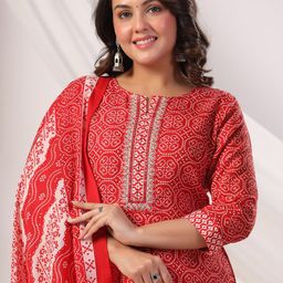 Indo Era Bandhani Printed Notch Neck Pure Cotton Kurta With Trousers & Dupatta-image-77