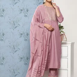 Varanga Women Mauve Floral Embroidered Sequinned Kurta with Trousers & With Dupatta-17