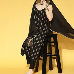 Stylum Women Black & Golden Ethnic Motifs Kurta Pant Dupatta Set-image-93