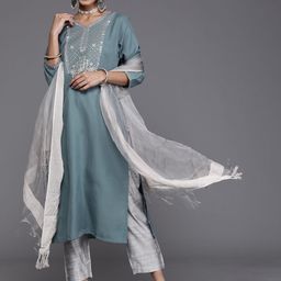 Varanga Women Blue Yoke Design Sequinned Kurta with Trousers & Dupatta-picture-23