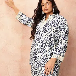 all about you Blue Ethnic Printed Shirt Collar with Lace Detailing Co-Ords-18