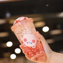 YK Pink Frosty Ice Cup Tumbler Sipper Bottle With Cute Cartoon Printed Water Bottle 450 ML-image-49