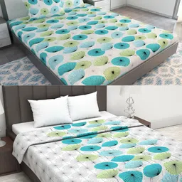 Divine Casa Unisex White & Turquoise Blue Floral Printed Double King Bedsheet With 2 Pillow Covers & Dohar-58