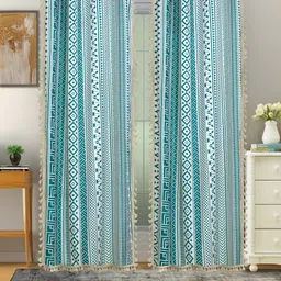 Cortina Teal Green & White 2 Pcs Cotton Abstract Printed Room Darkening Long Door Curtains-image-24