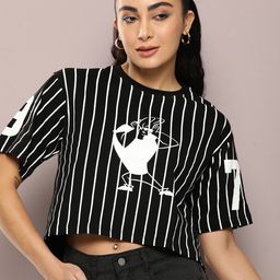 Johnny Bravo by Kook N Keech Striped Drop-Shoulder Pure Cotton Crop T-shirt-image-2
