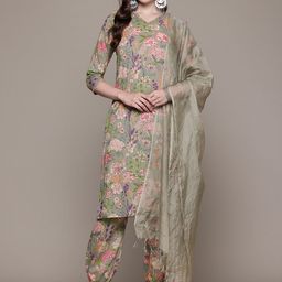 Readiprint Fashions Floral Printed Sequinned Pure Cotton Kurta With Harem Pants & Dupatta-picture-47