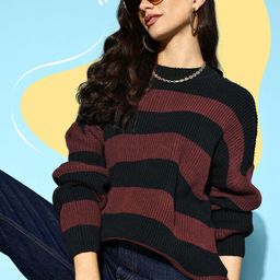 Berrylush Women Classy Black Striped Knits Bits Sweater-image-7