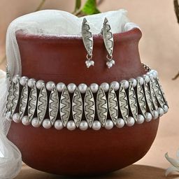 Fida Silver Plated Beaded Oxidised Vertical Leaf Patterned Jewellery Set-58