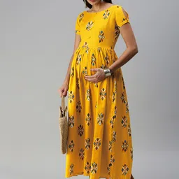 Swishchick Mustard Yellow & Blue Geometric Printed Maternity A-Line Maxi Dress-picture-15