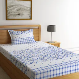 KLOTTHE White & Blue Floral 300 TC Single Bedsheet with 1 Pillow Cover-image-54