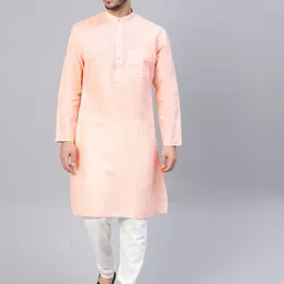 SOJANYA Men Peach-Coloured & Off-White Solid Kurta with Churidar-62
