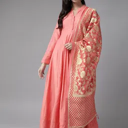 Vishudh Women Coral Pink & Golden Solid Maxi Dress with Dupatta-image-73
