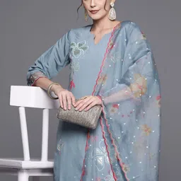 Indo Era Women Floral Embroidered Regular Sequinned Kurta with Trousers & With Dupatta-picture-21