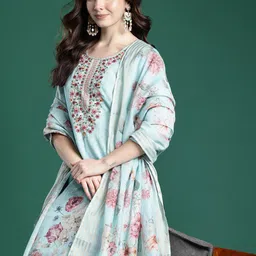 Indo Era Floral Embroidered Linen Kurta with Trousers & With Dupatta-picture-43