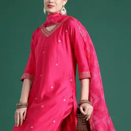Indo Era Embroidered Zari Liva Kurta With Trousers & Dupatta-image-1