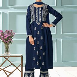 Peachmode Floral Embroidered Pleated A-Line Kurta with Palazzo & Dupatta-image-24